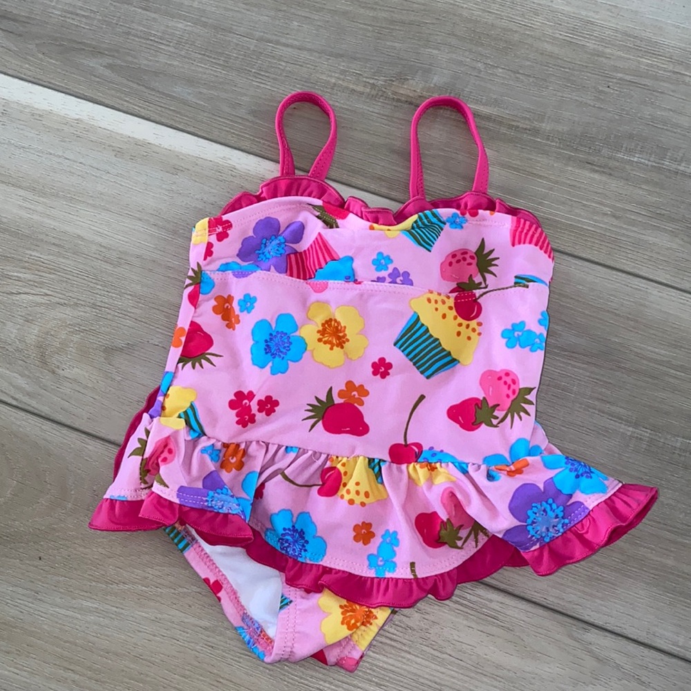 EUC Absorba Brand Infant Baby Size 12M Ruffle Bathing Suit Cupcake Flower Berry
